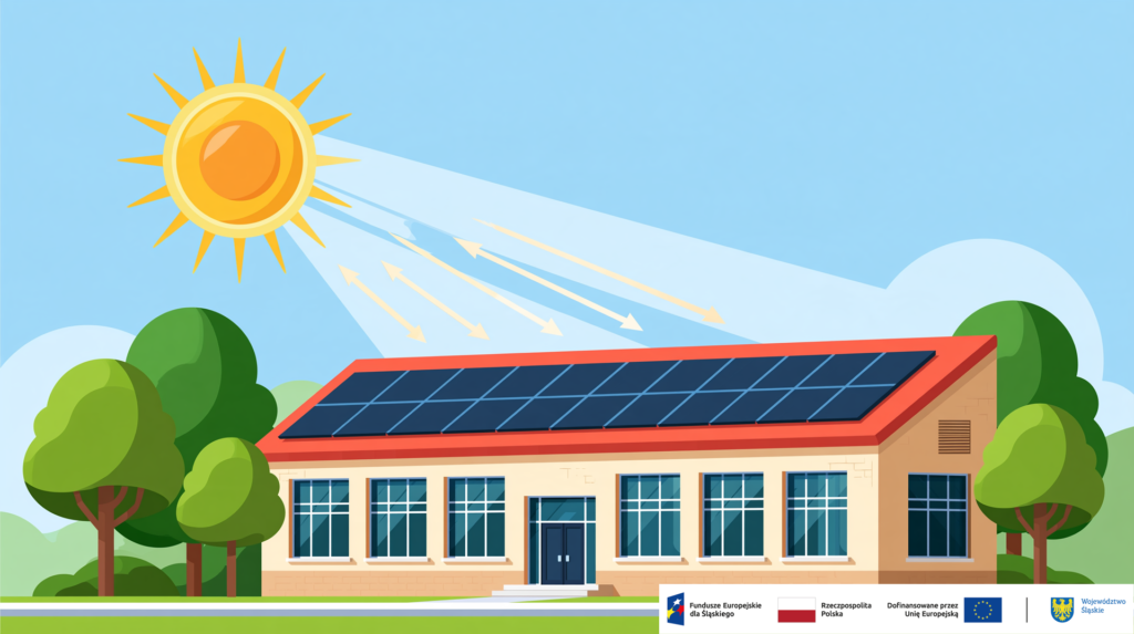 Budynek z instalacją fotowoltaiczną wykorzystującą energię słoneczną. Projekt dofinansowany przez Unię Europejską w ramach Funduszy Europejskich dla Śląskiego, z oznaczeniami Rzeczypospolitej Polskiej i Województwa Śląskiego.