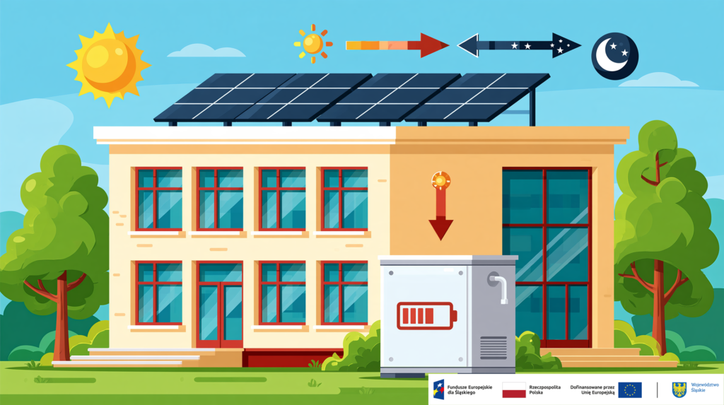„Budynek z instalacją fotowoltaiczną i magazynem energii, umożliwiającym gromadzenie energii słonecznej i jej wykorzystanie również po zmroku. Projekt dofinansowany przez Unię Europejską w ramach Funduszy Europejskich dla Śląskiego.
