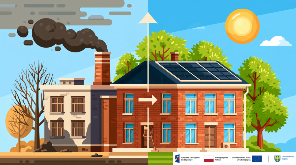 Modernizacja energetyczna budynku – przejście od obiektu emitującego zanieczyszczenia do budynku wykorzystującego energię słoneczną, z instalacją fotowoltaiczną i otoczeniem zieleni. Projekt dofinansowany przez Unię Europejską w ramach Funduszy Europejskich dla Śląskiego.