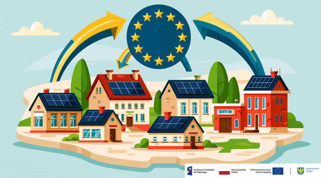 „Budynki wyposażone w instalacje fotowoltaiczne, symbolizujące wykorzystanie energii słonecznej w projektach realizowanych przy wsparciu Unii Europejskiej. Projekt dofinansowany w ramach Funduszy Europejskich dla Śląskiego.